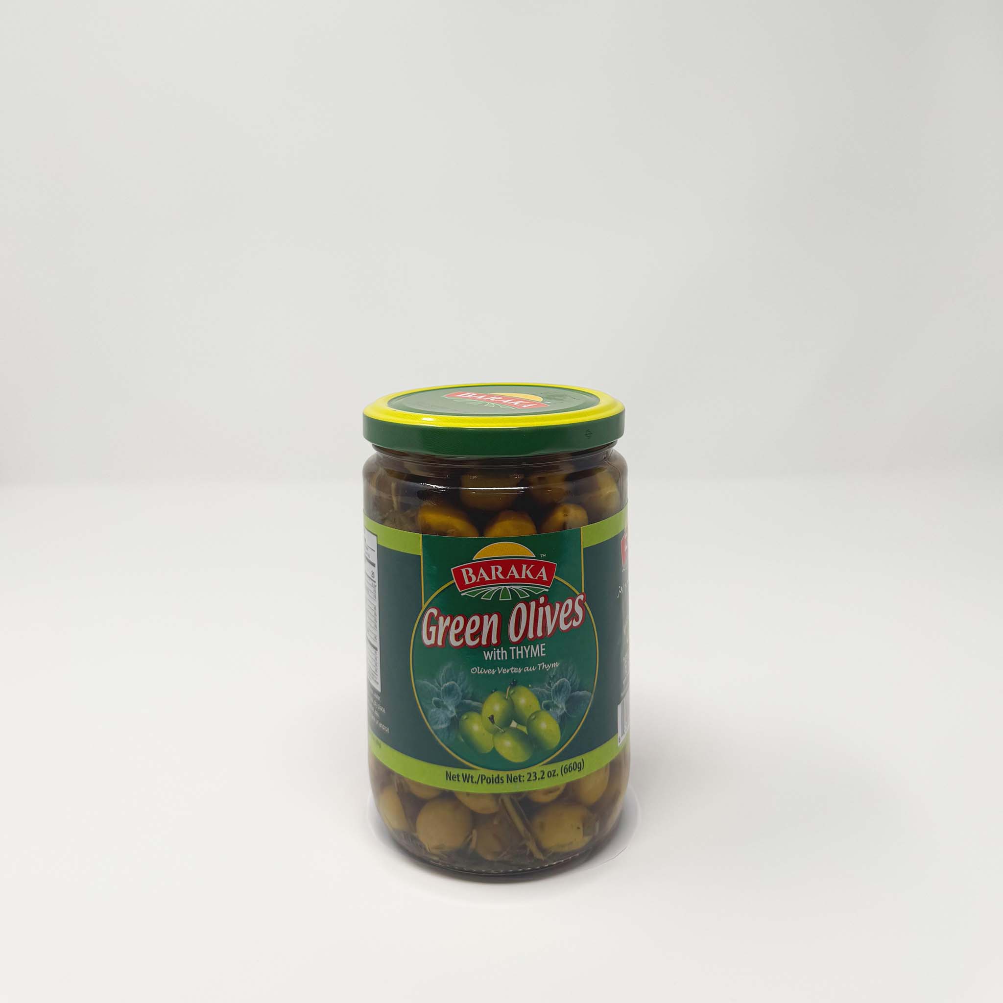 Baraka green olives w/thyme 660g