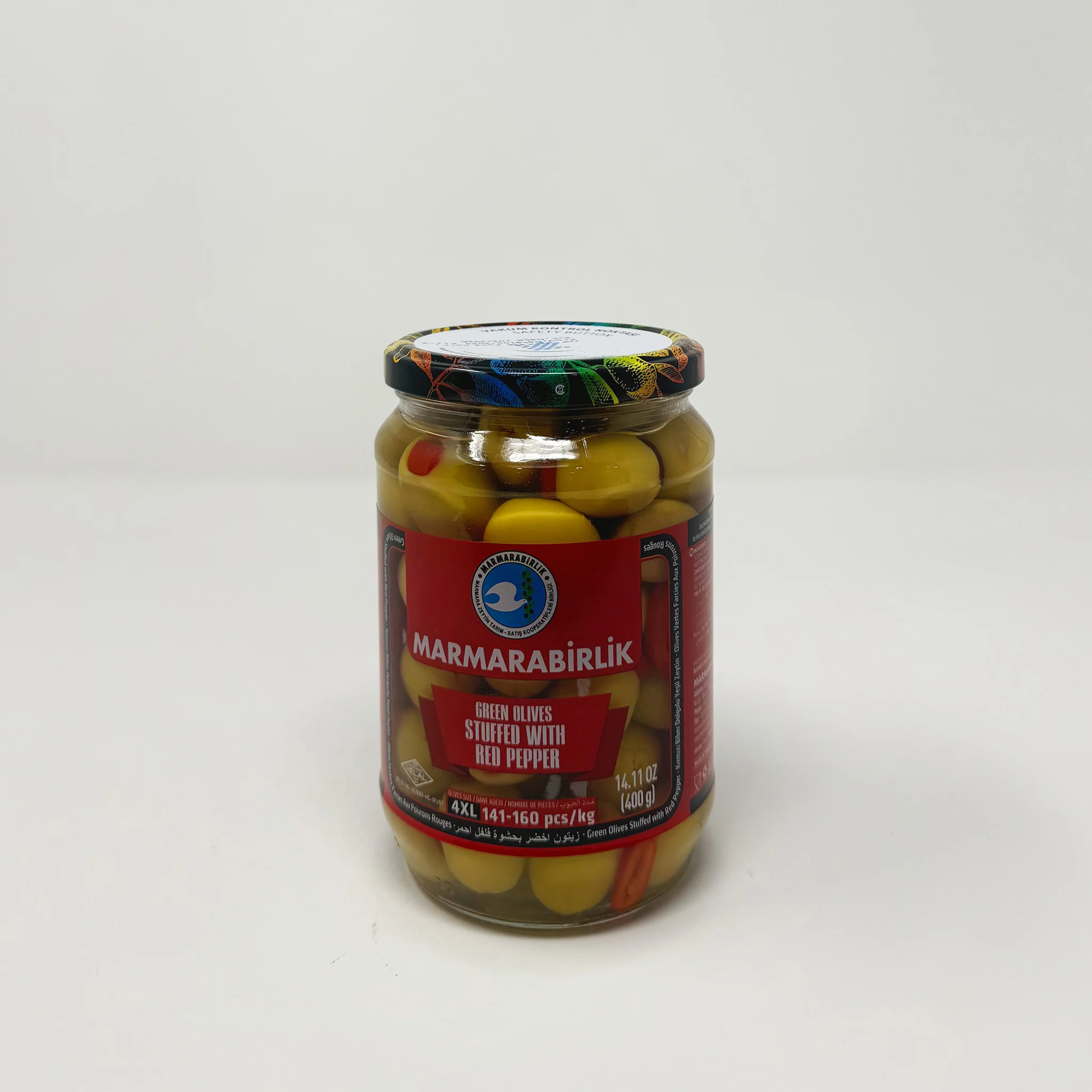 Marmarabirlik Green Olives stuffed W/red pepper 4XL 400g